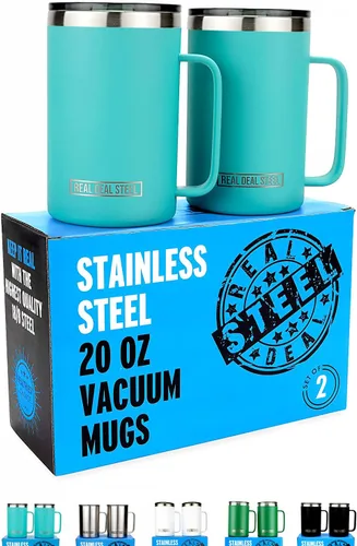 Taza aislada con asa y tapa, taza de café al vacío de acero inoxidable, juego de 2, 20 onzas, taza grande de doble pared para café o té, taza