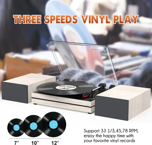 Miniatura 4 de Tocadiscos para vinilos con altavoces externos, transmisión por correa, tocadiscos retro para discos de vinilo, altavoces estéreo duales, Madera