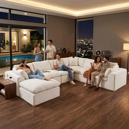 Miniatura 8 de Sofá sin hueso de 140 pulgadas para sala de estar, sofá modular de gran tamaño de 7 plazas con otomana, no requiere montaje, felpilla moderna