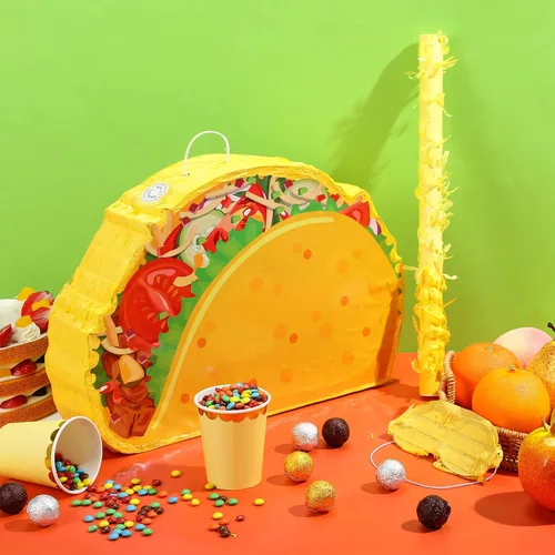 Miniatura 4 de Piñata de taco - Piñata mexicana para fiesta, incluye palo de murciélago con los ojos vendados para cumpleaños, decoración de Cinco de Mayo
