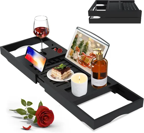 Miniatura 9 de Bandeja de bañera de madera de acacia, bandeja de baño plegable para bañera, bandejas de mesa de baño expandibles, accesorios de bañera y baño