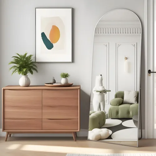 Miniatura 4 de Espejo de longitud completa de 56 x 16 pulgadas, espejo arqueado con soporte de pared, espejo de cuerpo completo plateado, para colocar de pie, Plata