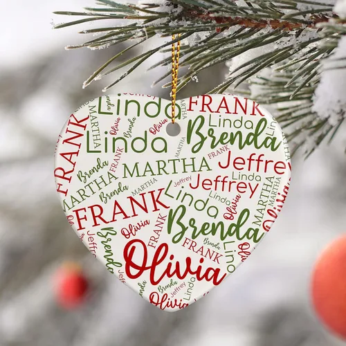 Miniatura 5 de Adornos de Navidad personalizados de corazón, adorno de cerámica con palabra de nube de nombre, 3 pulgadas, decoraciones personalizadas para árbol