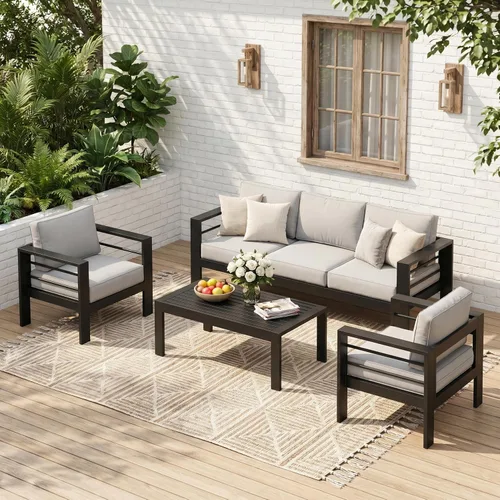 Miniatura 14 de Solaste Aluminum Patio Sofa with Coffee Table,3 PCS Patio Furniture Set with Cushions, All-Weather Outdoor Sofa for Balcony, Deck, Backyard, Porch