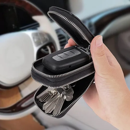 Miniatura 5 de BELOMI Funda para llave de coche, llavero de cuero genuino con cuerda y cierre de cremallera, funda protectora para llaves para hombres y mujeres