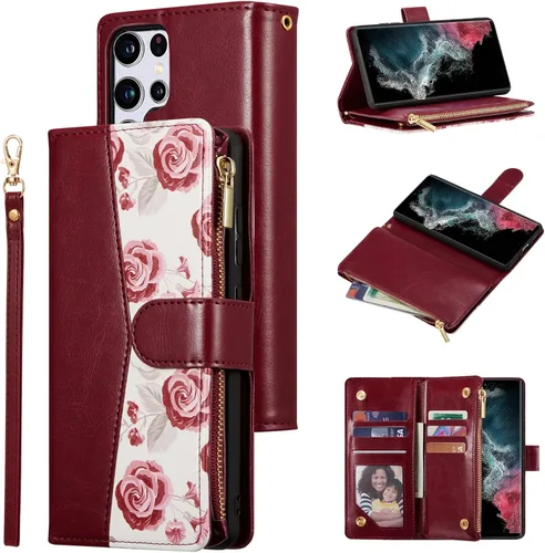 UEEBAI Funda tipo cartera para Samsung Galaxy S22 Ultra 5G, piel sintética con cierre magnético, bolsillo con cremallera, ranuras para tarjetas con