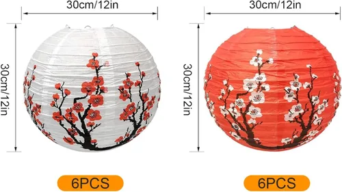 Miniatura 2 de 12 faroles chinos, faroles de papel de flor de ciruelo de 12 pulgadas, para fiestas, asia, hogar, restaurante, decoración de boda (blanco y rojo)