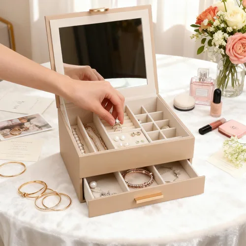 Miniatura 7 de Elegant Gift Jewelry Box with Mirror - 3-Layer Organizer for Earrings, Rings, Necklaces, Ready to Give for Birthday Anniversary Christmas Apricot
