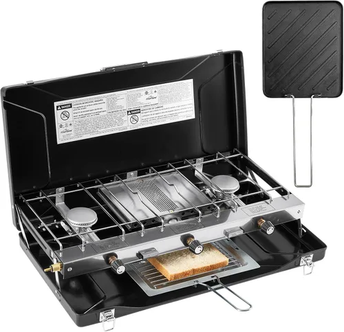 Miniatura 8 de FineFlame Estufa de campamento, estufa de campamento portátil de propano con regulador, botón de encendido instantáneo, quemadores ajustables