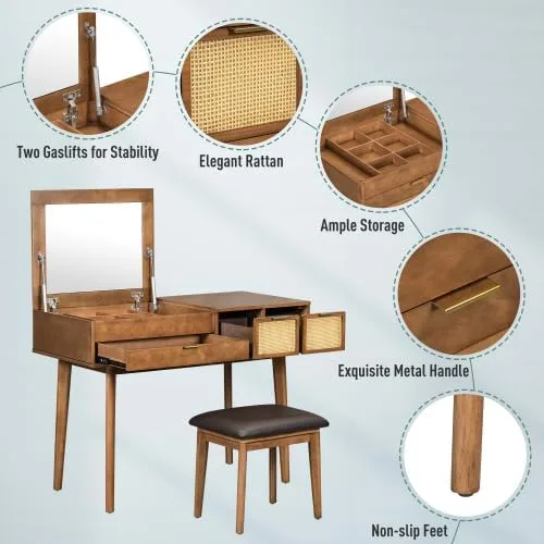 Miniatura 4 de Escritorio de tocador de 43.3 pulgadas con espejo abatible y taburete, moderno juego de mesa de maquillaje con 3 cajones, juego de tocador
