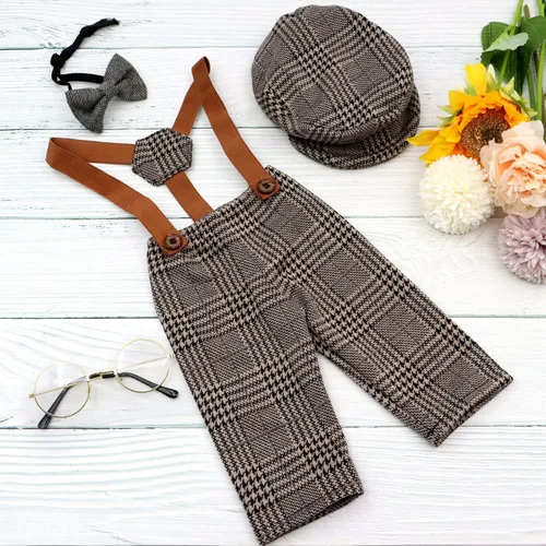 Miniatura 6 de 4 piezas de accesorios para fotos de bebé recién nacido, pantalones de celosía, pantalones con tirantes con boina, gafas de pajarita para disfraces