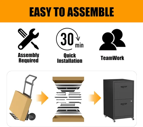 Miniatura 8 de Archivador móvil de 2 cajones con cerradura, archivadores de metal con ruedas, gabinete de almacenamiento enrollable negro, archivador vertical