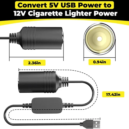 Miniatura 2 de Adaptador de USB a Encendedor de Cigarrillos, Cable de 10W USB Macho a 12V Encendedor de Cigarrillos de Toma, para Cámara de Salpicadero, Detector