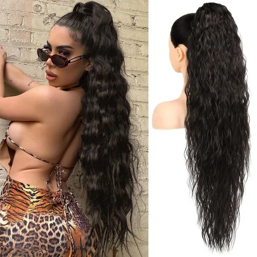 Miniatura 8 de HOOJIH Extensión de cola de caballo, extensiones de cabello con cordón para cola de caballo de 26 pulgadas de largo, pelo rizado y ondulado natural