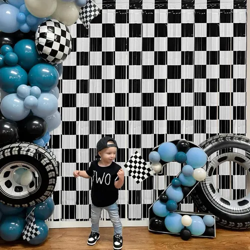 Miniatura 4 de Cortinas de Flecos de Aluminio de Coches de Carreras Telón de Fondo para Fiestas de Cumpleaños, Pack de 2, 1.00 x 2.00 m Cortinas de Flecos