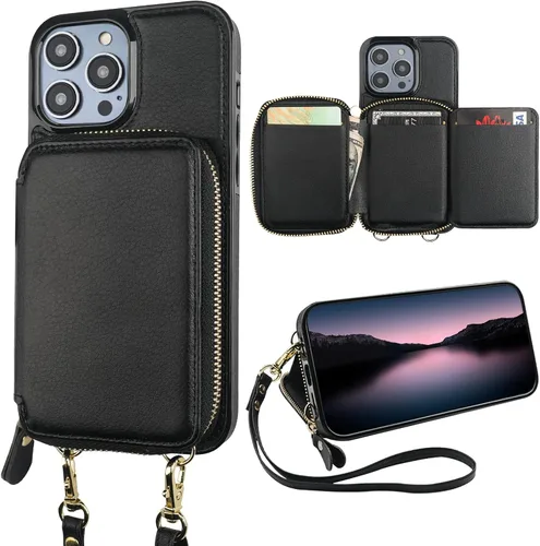 Bocasal Funda tipo cartera con bloqueo RFID para iPhone 14 Pro, funda cruzada ajustable con cremallera, tarjetero con función atril, correa de Negro