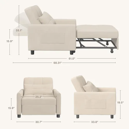 Miniatura 3 de Aiho - Silla de dormir convertible, sofá cama 3 en 1 con diseño ajustable, almohada y bolsillo - Cama plegable para apartamento (Beige)