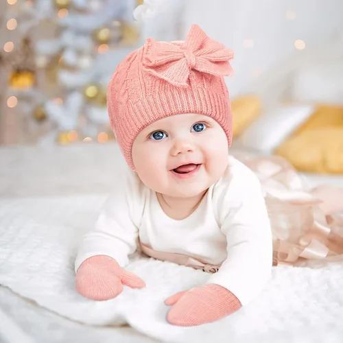 Miniatura 33 de SATINIOR 3 Set Toddler Hat Glove Set, Kids Winter Hats Warm Knitted Beanie Mittens Gloves with Bow for Baby Girls Boys 0-6Y