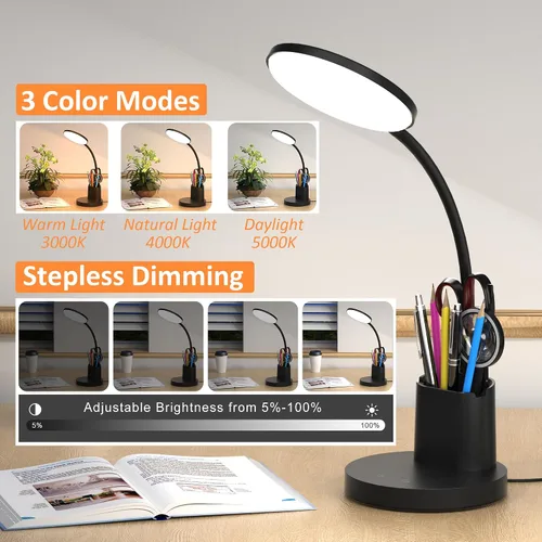 Miniatura 2 de Lámpara de escritorio Vicsoon, lámpara de escritorio LED para oficina en casa, lámpara de mesa táctil con 3 modos de color y brazo ajustable en Negro