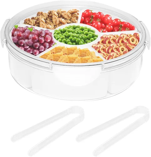 Qivine Bandeja de verduras con tapa para refrigerador, bandeja portátil para verduras con tapa y inmersión, 6 compartimentos divididos bandeja para