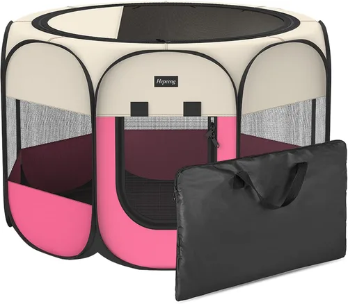 Corralito portátil para mascotas, corral para cachorros de 8 paneles para interiores/exteriores con cubierta de sombra y bolsa de viaje - tienda Rosa