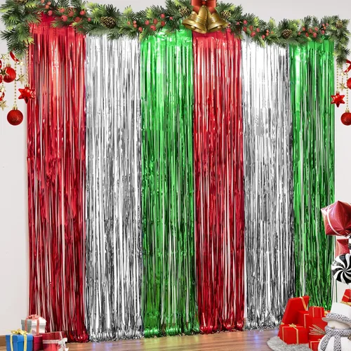 LOLStar Paquete de 3 decoraciones de fiesta de Navidad de 3.3 x 6.6 pies, cortinas de flecos de aluminio de color rojo, plateado, verde, oropel