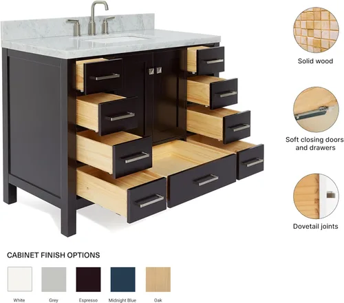 Miniatura 6 de ARIEL Cambridge - Mueble de baño espresso de 43 pulgadas con fregadero, borde de mármol italiano de carrara de 1.5 pulgadas, madera maciza