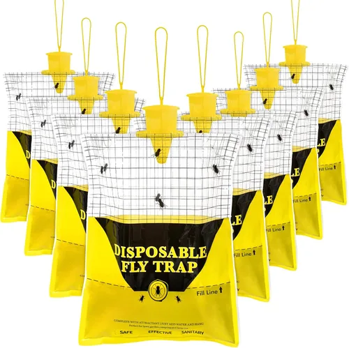 Miniatura 11 de Trampas para moscas al aire libre para patio, paquete de 4 bolsas grandes precebadas desechables para exteriores, cazador de moscas colgantes