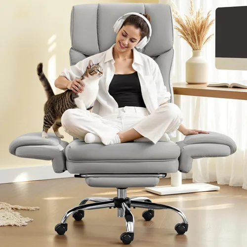 FelixKing Silla de oficina grande y alta, silla ejecutiva de cuero ancho de 400 libras, reposabrazos reversible para mascotas con leggings cruzados,