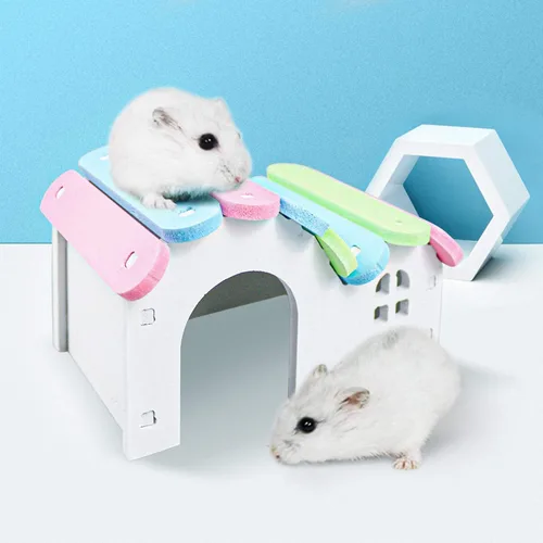 Miniatura 5 de Casa de hámsteres enanos DIY Escondite de jerbos de madera arco iris puente columpio y balancín de PVC, adecuado para hábitat de animales pequeños
