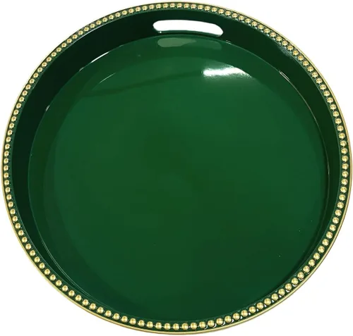 Miniatura 24 de Bandeja decorativa azul para mesa de café, bandeja de servir redonda de plástico con cuentas para encimera de cocina, otomana, sala de estar, (13")