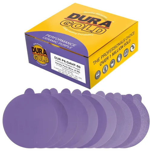 Miniatura 10 de Dura-Gold Discos de lijado de cerámica de grano 120 de 6 pulgadas, PSA de película morada, caja de 50 unidades, papel de lija autoadhesivo