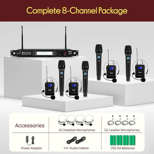 Miniatura 7 de Pyle Sistema de micrófono inalámbrico UHF de 8 canales con 4 micrófonos de mano, 4 Lavalier y 4 micrófonos de auriculares, rango de 300 pies