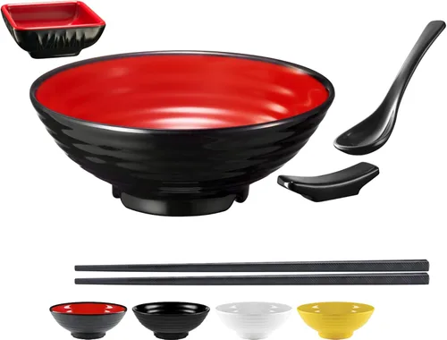 Juego de tazón de ramen irrompible con palillos y cuchara: 1 tazón grande de ramen de melamina estilo japonés, tazón para sumergir y palillos con
