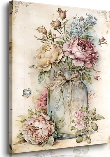 Lienzo floral vintage con rosas para pared, pintura botánica de flores silvestres victorianas rosas, decoración de pared, frasco Mason, póster
