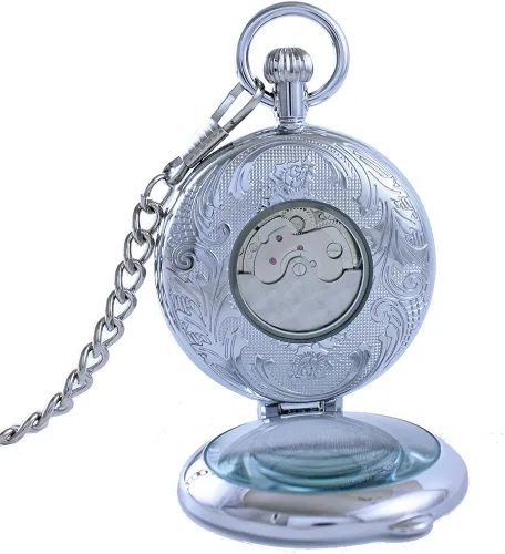 Miniatura 6 de OGLE Lupa plateada impermeable Tourbillon Phases Moon Chain Fob Auto Bobinado automático Skeleton Half Hunters Reloj de bolsillo mecánico