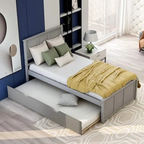 Miniatura 9 de Bellemave Cama de plataforma individual con nido, marco de cama de madera maciza con cabecero, marco de cama resistente para dormitorio