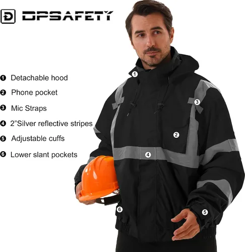 Miniatura 5 de Chaqueta de seguridad 3 en 1, chaqueta reflectante de alta visibilidad, chaqueta bomber Hi Vis, forro polar, impermeable, ANSI Clase 3, negro, S