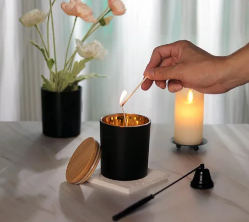 Miniatura 5 de Aroparc Tarros de vela con tapas de 10 onzas, elegantes frascos dorados para velas interiores para hacer velas, 12 piezas con tapas de bambú, negro