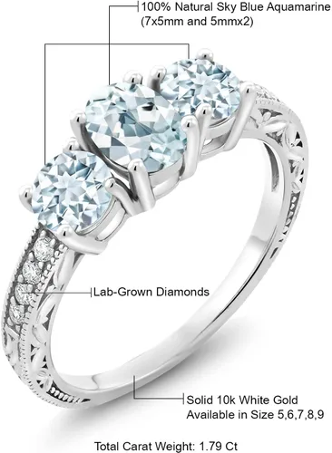 Miniatura 36 de Gem Stone King Anillo de compromiso de 3 piedras preciosas de oro blanco de 10 quilates con piedra natal y diamantes cultivados en laboratorio