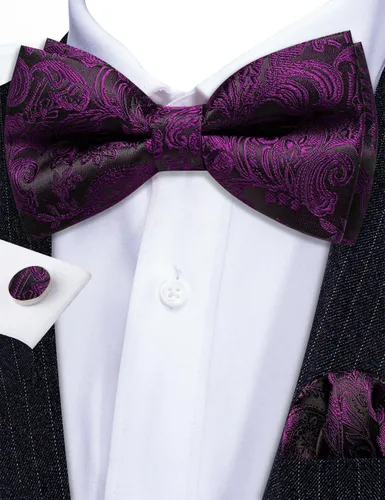 Miniatura 19 de Barry.Wang Conjunto de chaleco de pajarita para hombre, chaleco con cuello en V de seda jacquard de cachemira, gemelos de pañuelo formal/ocio, boda