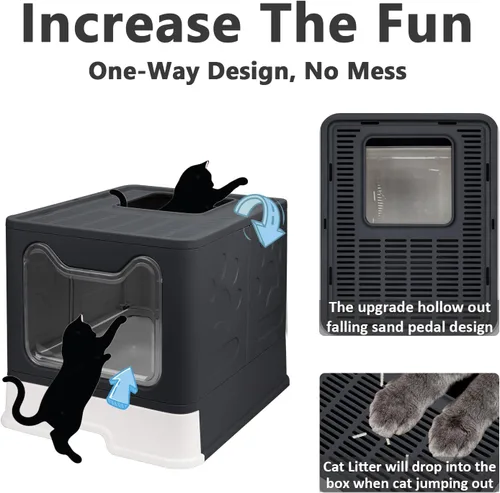 Miniatura 3 de Caja de arena plegable para gatos con tapa, orinal cerrado, inodoro grande de entrada superior antisalpicaduras, fácil de limpiar, incluye pala