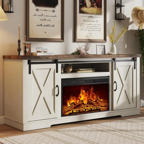 AMERLIFE Soporte de TV con chimenea de 59 pulgadas para televisores de hasta 65 pulgadas, centro de entretenimiento de granja con puertas correderas