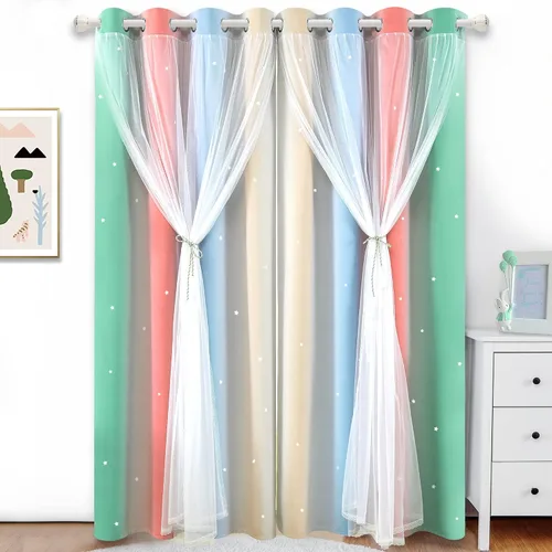 Miniatura 12 de Cortinas Opacas con Corte de Estrella Arcoíris para Dormitorio de Niñas - Doble Capa con Ojales Superiores para Sala de Estar, 2 Paneles