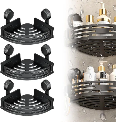 Miniatura 10 de Estantes esquineros triangulares con ventosa, estante de almacenamiento de baño sin perforaciones, estante de ducha esquinero con ventosa