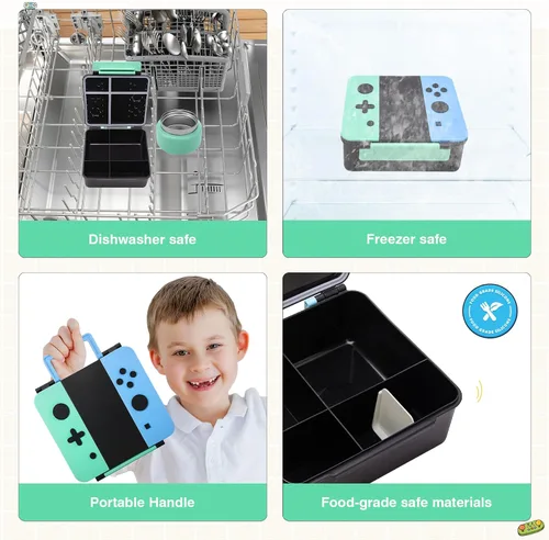Miniatura 5 de Caja Bento Game para niños, lonchera con termo (tarro de comida de 9 onzas), cuchara plegable, divisor extraíble y taza de salsa, lonchera infantil