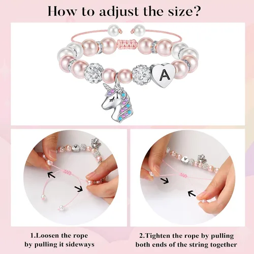 Miniatura 5 de Hidepoo Pulsera de unicornio - Pulsera de perlas rosas y bolas de diamantes de imitación con inicial de corazón, pulseras de unicornio, joyería