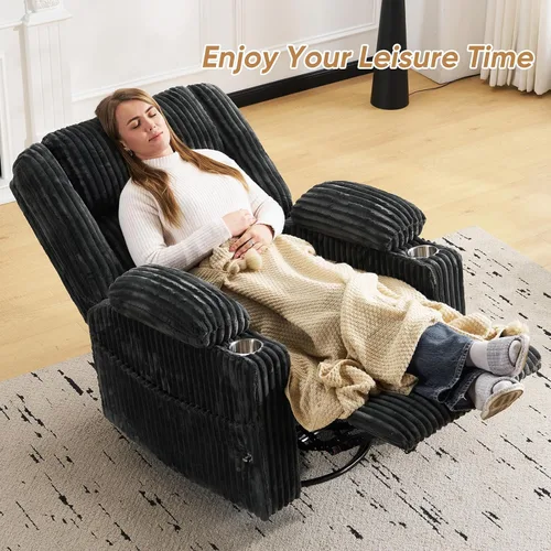 Miniatura 8 de Silla reclinable eléctrica de gran tamaño con masaje y calor, silla reclinable giratoria para adultos con almacenamiento de brazos, sillón Gris