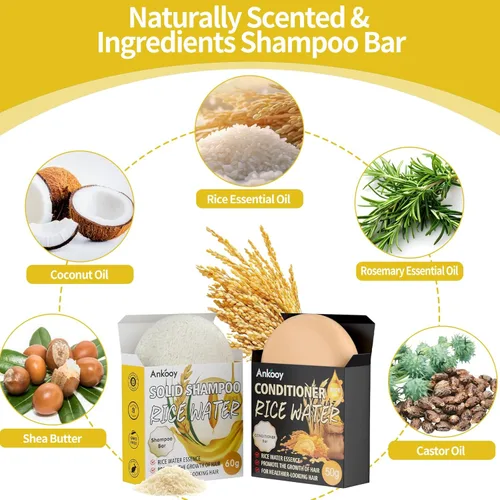 Miniatura 2 de ANKOOY Paquete de 2 Barras de Champú y Acondicionador de Agua de Arroz, Alto Contenido de Proteínas para Cabello Dañado, Crecimiento del Cabello