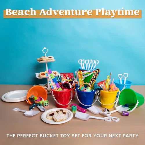 Miniatura 7 de Sloosh 12 juegos de cubos de arena con palas para niños, cubos de playa, juguetes de fiesta, cubo de plástico con asas